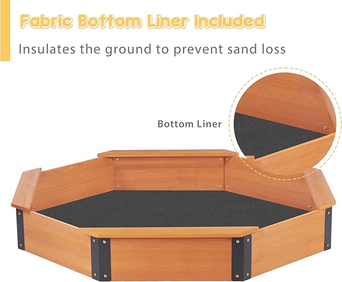64''x56''x8.5'' Octagon Sandbox with Cover for Kids Outdoor Play, Wood Large Sandpit with 4 Benches, Quick Easy Install, US. Patented