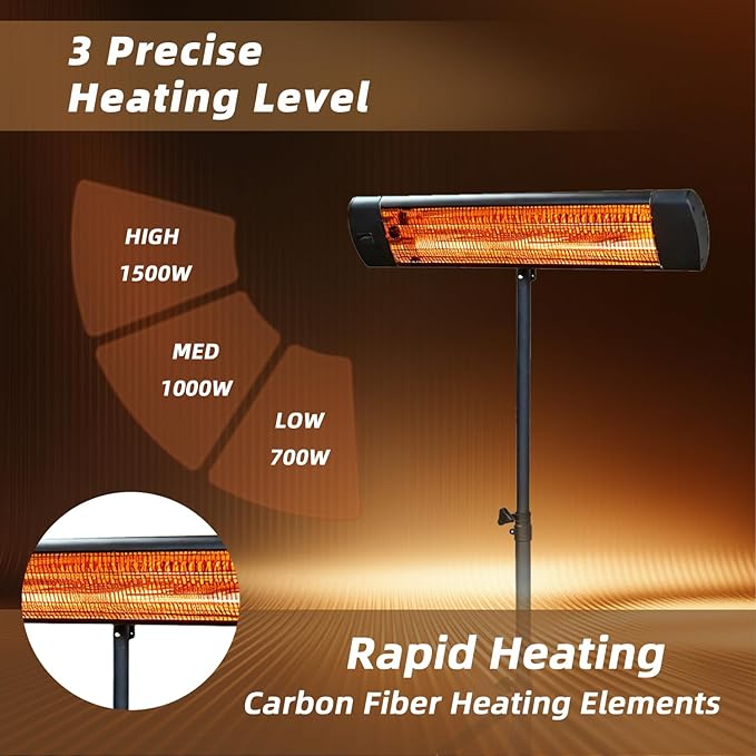Electric Outdoor Patio Heater with Tripod, 1500W Infrared Heater Remote, 12H Timer, IPX6 Waterproof, 3 Heat Levels, Portable Electric Space Heater for Garage Backyard Indoor Use