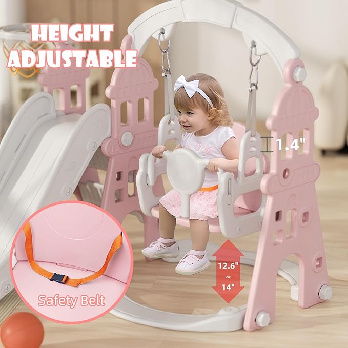 KORIMEFA 5-in-1 Kids Slide and Swing Set, Toddler Slide with Basketball Hoop, Swing, Outdoor Indoor Playground for Toddlers 1-3 (5 in1-Pink)