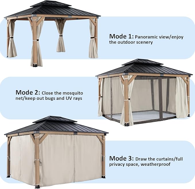 10x12 FT Wooden Hardtop Gazebo,Wood Heavy Duty Solid Cedar Gazebos with Mosquito Netting and Waterproof Curtains,Outdoor Metal Canopy for Deck Patio