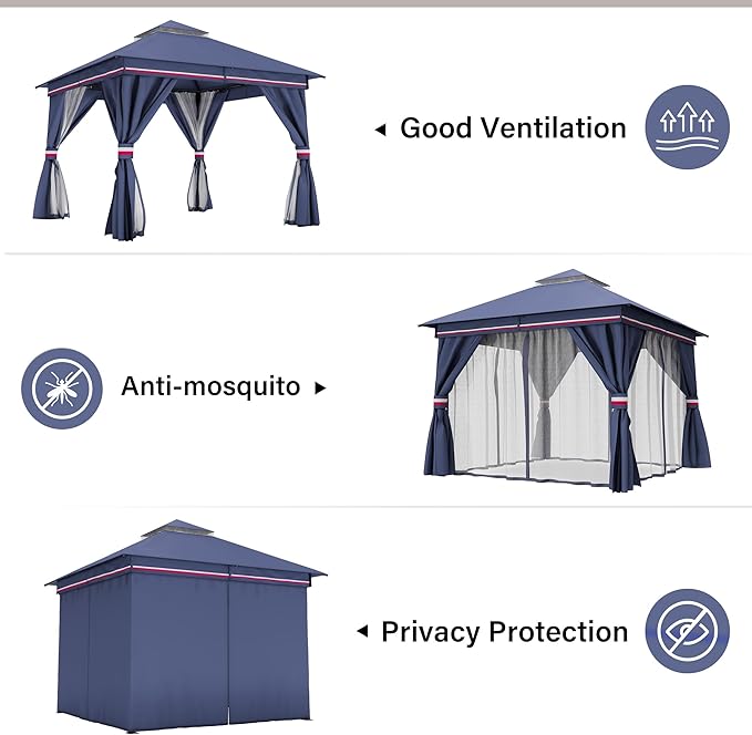 LAUSAINT HOME Semi-Permanent Patio Gazebo 10'x10' with Expansion Bolts, Outdoor Heavy Duty Party Tent with Double Roofs, Mosquito Nettings and Privacy Screens for Backyard, Garden, Lawn, Elegant Blue