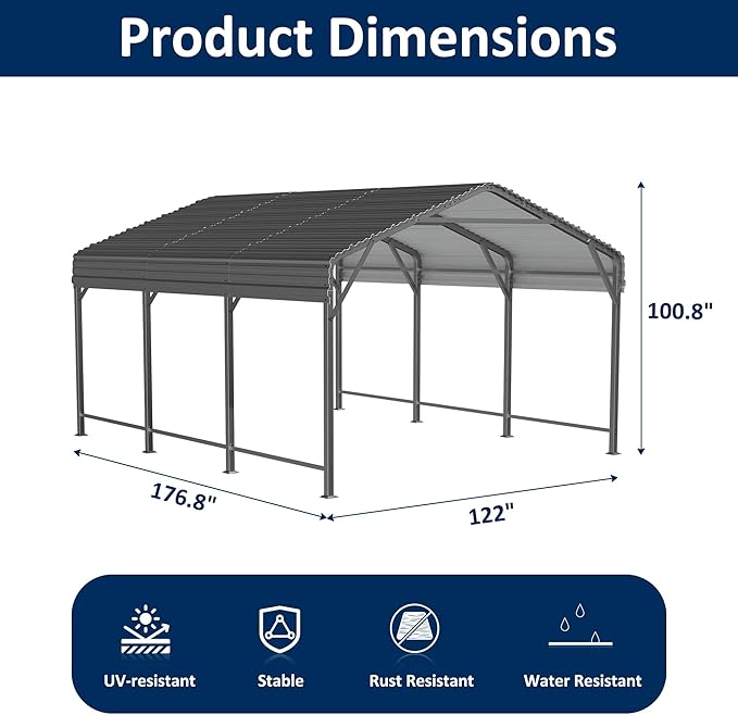 10x15 Metal Carport Carports with Enhanced Base Heavy Duty Garage Outdoor Galvanized Car Shelter for Car, Boats and Truck