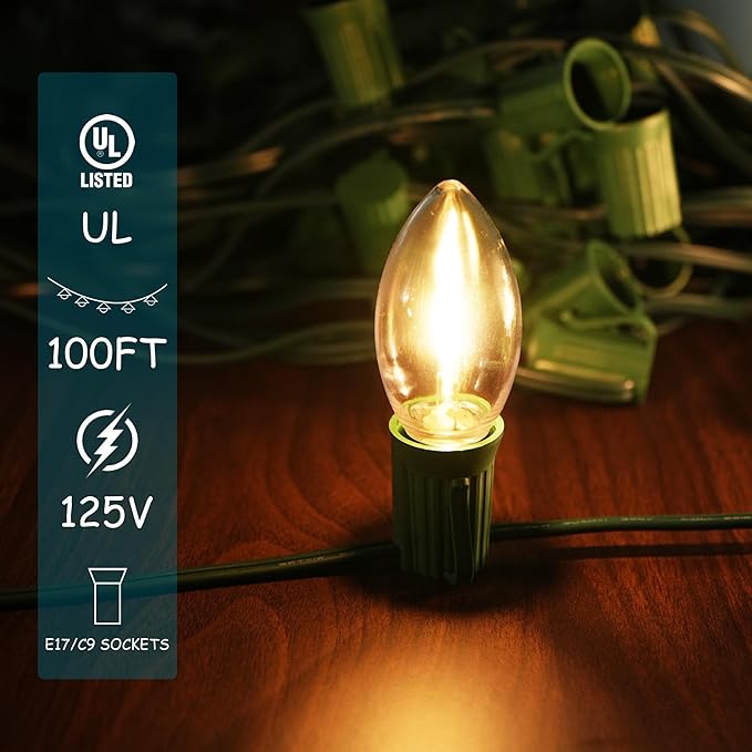 LUCKY TL 100 FT C9/E17 Christmas Light Sockets Spool Set, with 100 C9 Bulbs，Green SPT-1 Wire, 12 Inch Spacing, UL Listed