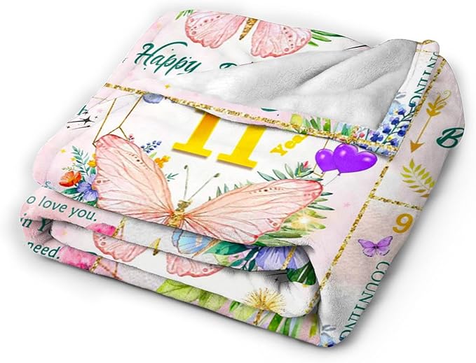 11 Year Old Girl Birthday Gifts, Gift for 11 Year Old Girl, Super Soft Cool Funny Pink Butterfly Flower Blanket for Girls, 11th Birthday Decorations for Girls, Warm Cozy Plush Fuzzy Blanket 60"x50"
