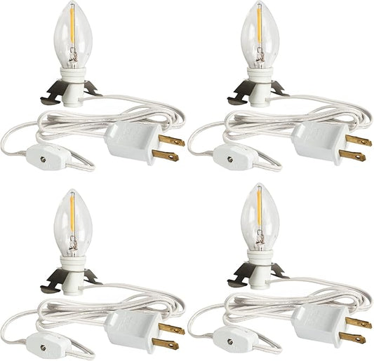Dazzle Bright 4 Pack 6 FT Accessory Cord with LED Light Bulb E12 Socket White Cord with On/Off Switch Plug, C7 Candelabra Light Bulbs for Holiday Decorations, Christmas Village House, Pumpkin Lights