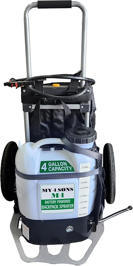 Backpack Sprayer MY4SONS M4 4-Gallon - Cordless Water Sprayer for Plants, Refillable Pressurized Sprayer, Adjustable Wand, Heavy Duty - Includes 15ft Extension Hose - 7-inch Wheels Cart w/Secure Strap