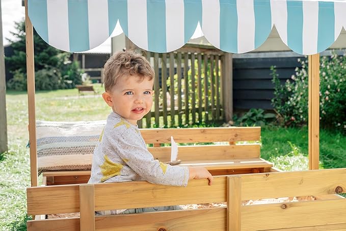 Plum? Kids Outdoor Wooden Sandbox with Lid - Toddler Sensory Toys, Outdoor Sand Box for Kids with Bench Seat, Adjustable Canopy & Bottom Liner, UV-Protection, Weatherproof, Easy Assembly, Ages 3+ Yrs