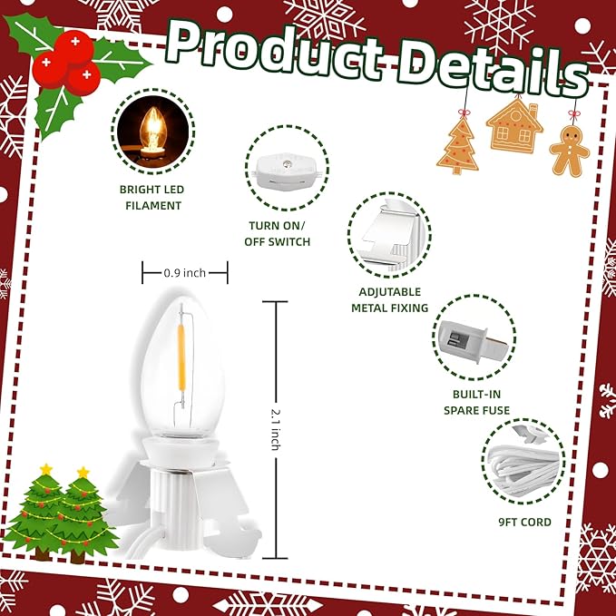 Christmas Village Lights with 10 LED Warm White Bulbs, C7 Light Cord for Christmas Village Houses, Pumpkin Crafts, Halloween & Holiday Decorations