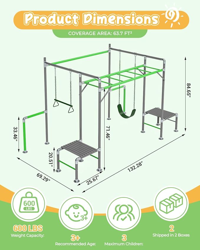 Outdoor Jungle Gym with Monkey Bars Frame, Climbing Set, Trapeze Swing Bar, Belt Swing, Kids Gymnastics Bars, Playground Set with Powder Coated Galvanized Steel for Backyard, Garden, Grass