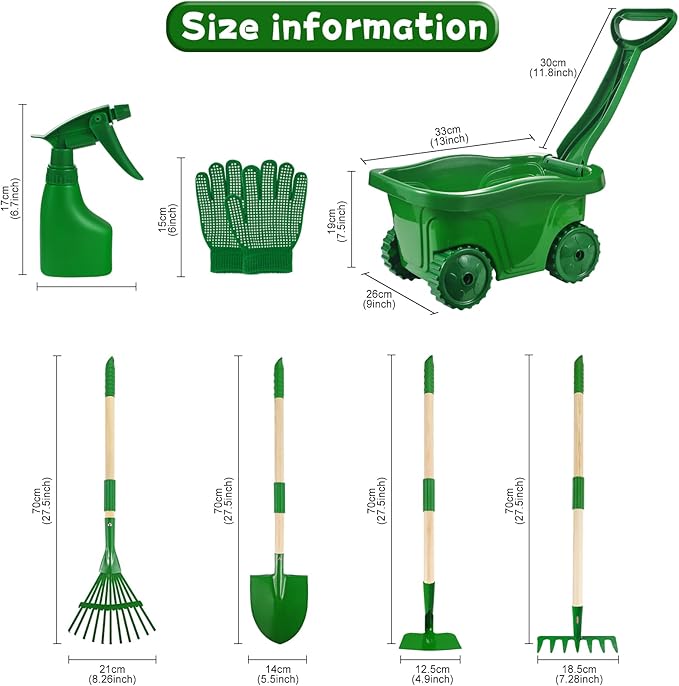 Duckura Kids Gardening Tools Set - 7pcs Wheelbarrow Set for Kids with Shovel, Rake, Leaf Rake, Summer Outdoor Yard Digging Weed Birthday Gifts Toys, Christmas for Boys Girls Age 2 3+ Years Old(Green)