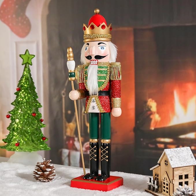 Christmas Nutcracker Decorations Nutcracker Figure 15 Inch Wooden Nutcrackers Collectible Ornament Nutcrackers Soldier for Table Desktop Home Christmas Decor Xmas Indoor Decor Shiny Red