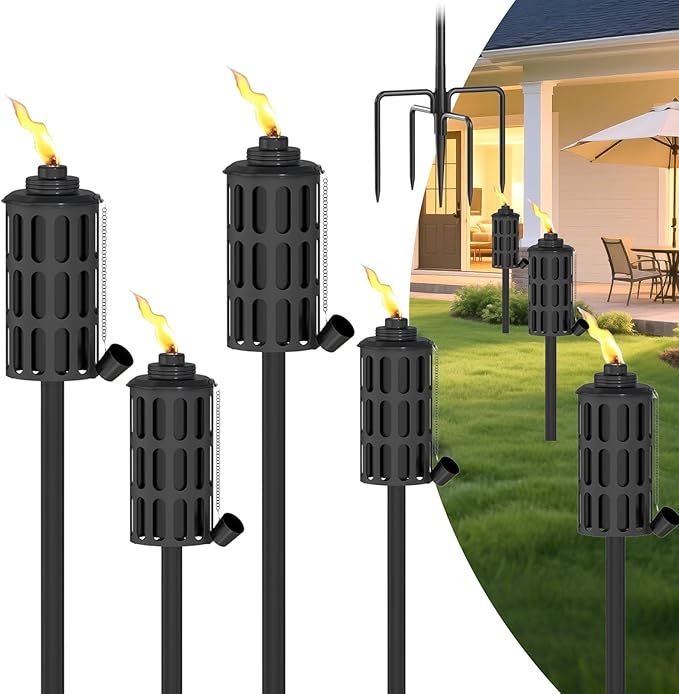 4 Pcs Citronella Torches for Outside,16oz Outdoor Metal Garden Torches,60" Garden Décor Torch with 5-Prong Grounded Stake,Flam Torch Light for Backyard Patio Pathway