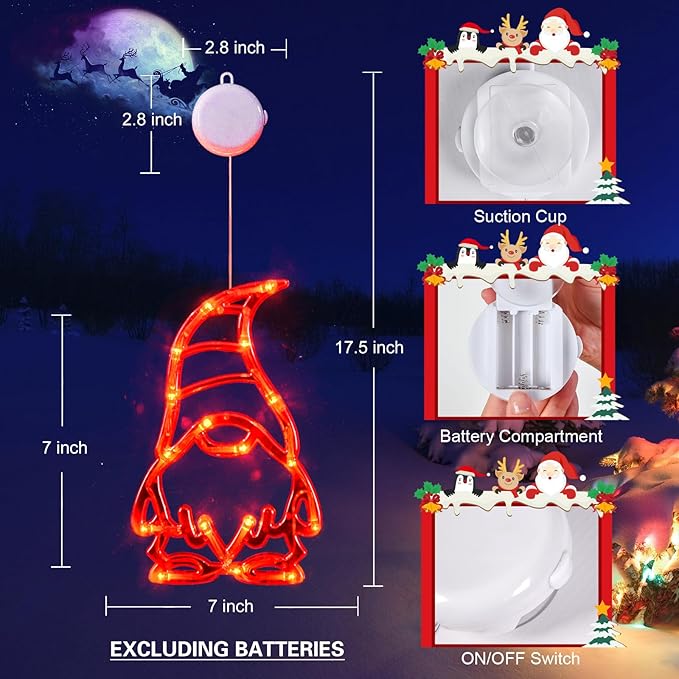 LOLStar Christmas Window Lights 3 Pack Red White and Green Gnomes Xmas Lights with Suction Cups 2024 Upgrade Timer Function and Slowly Fade Mode Battery Operated Indoor Decors Christmas Decorations