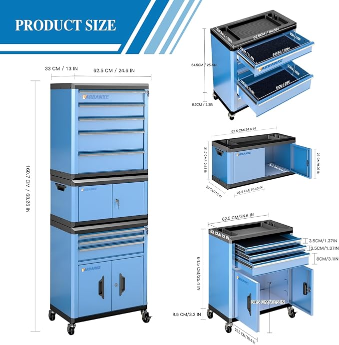 LARBANKE 8 Drawer Rolling Tool Chest with Locks&360¡Æ Wheels,Tool Cabinet with Multifunctional Countertop,Tool Chest with Connection Rods,Can Be Used as 3 Individual Units or Combine a Large One