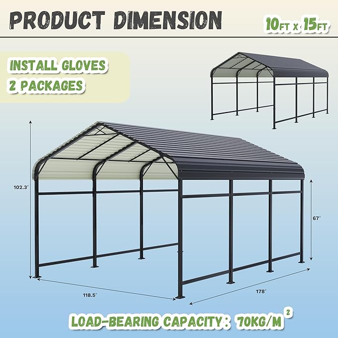 Greesum 10x15FT Metal Carport with Heavy Duty Frame and Galvanized Steel Roof, Round Carports with Side Support Rods, Canopy Shelter for Car, Pickup Trucks, Boats and Tractors, Party, Gray
