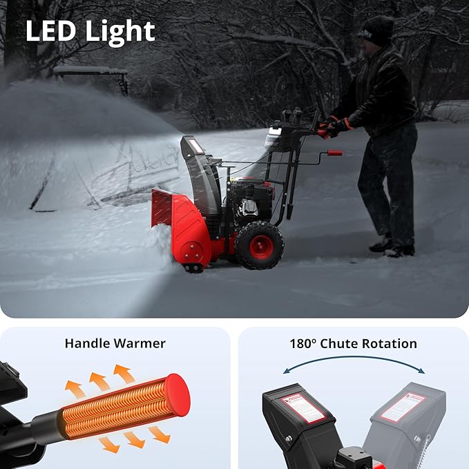 PowerSmart 24-Inch Self-Propelled Two-Stage Gas Snow Blower with 208cc B&S Engine, Electric Start, 13-Inch Snow Tires, Handle Warmer, and LED Lights