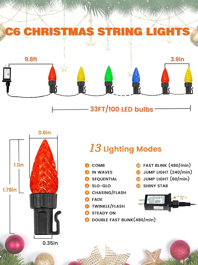 C6 Christmas Lights Outdoor Indoor, Total 100 LED 33 FT Connectable Christmas String Lights with Timer & 13 Modes, Waterproof Twinkle Light for Xmas Tree Party Porches Wedding Decorations (Multicolor)