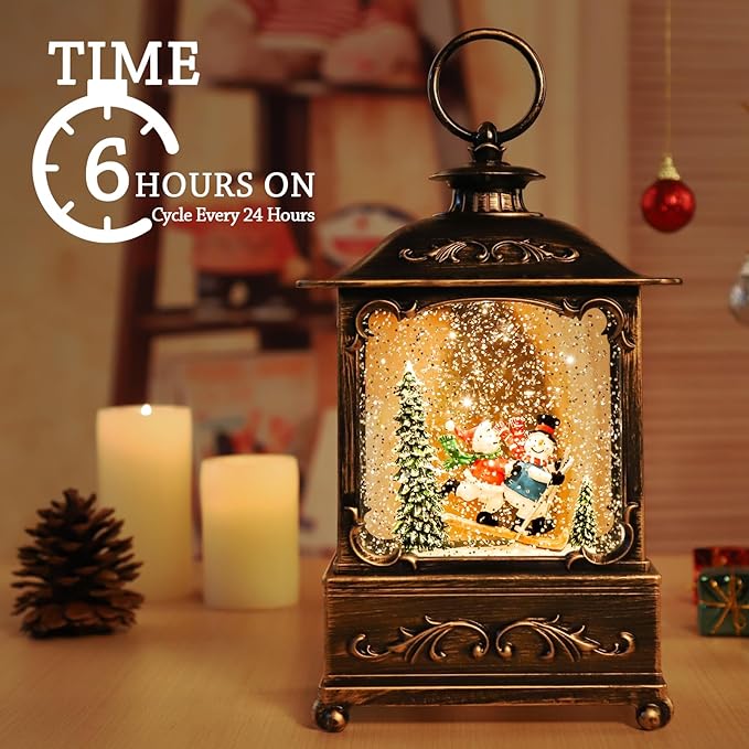 Christmas Snow Globe Lantern Christmas Decorations Water Glittering Lanterns with Music & Timer, USB Lined/Battery Operated Lighted Lantern for Christmas Festival Decoration Gifts (Skiing Snowman)