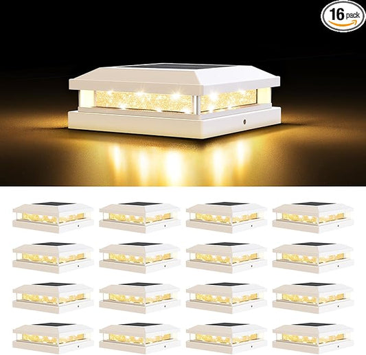 4x4 Solar Post Cap Lights Outdoor 16 Packs for 5x5 Vinyl/Wooden Posts, Waterproof Solar Powered Fence Cap Light with Warm/Cool Lighting, White 16LEDs Deck Caps Lights for Yard, Garden, Patio