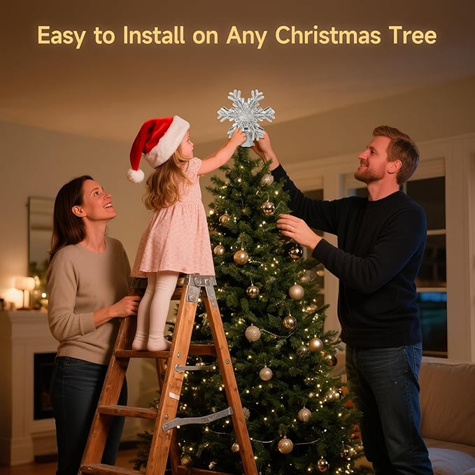 Christmas Tree Topper Lighted with Built-in LED Rotating Snowflake Projector, 3D Hollow Glitter Silver Snowflake Tree Topper for Xmas Party Holiday Christmas Decorations
