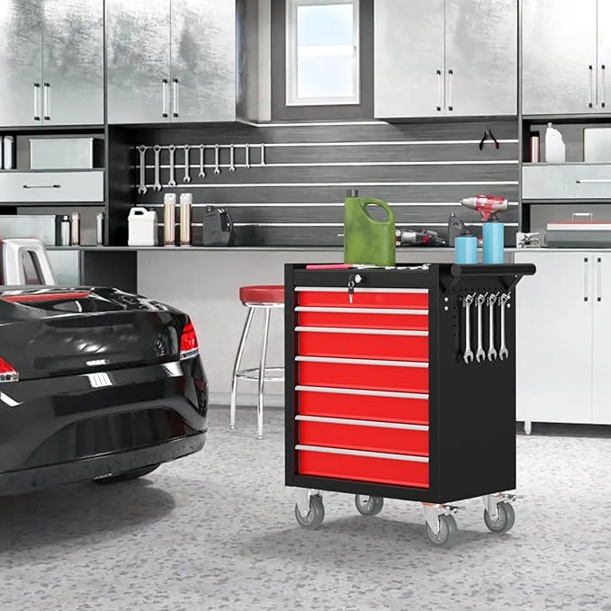 7 Drawers Rolling Tool Box, Portable Storage Tool Chest with Wheels, Toolbox with Lock for Warehouse, Garage, Repair Shop and Tool Room (BlackRed)