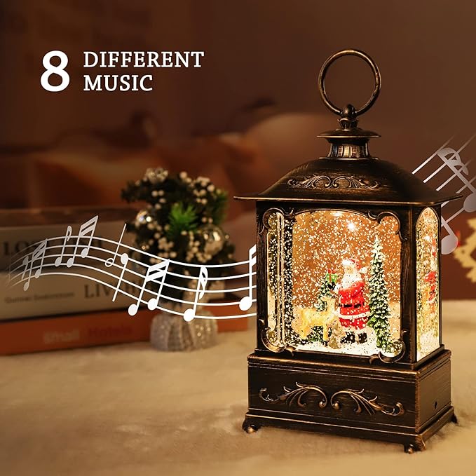 Christmas Snow Globe Lantern Christmas Decorations Water Glittering Lanterns with Music & Timer, USB Lined/Battery Operated Lighted Lantern for Christmas Festival Decoration Gifts (Skiing Snowman)