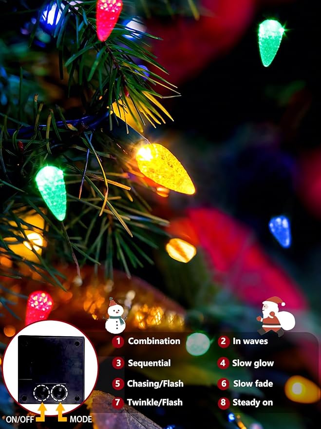 C6 Solar Christmas Lights Outdoor, 50 LED 16FT Christmas Decorations Outdoor Waterproof, Solar String Lights for Outside with 8 Modes, Fairy Twinkle Light for Tree Party Garden Xmas Decor (Multicolor)
