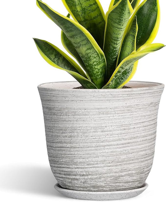 Ceramic Plant Pots - 8 Inch Plant Pot with Drainage Hole and Saucer, Round Flower Pots for Indoor Outdoor, Modern Planter, Decorative Planters, Home Apartment Decor, Gardening Gifts, Grey