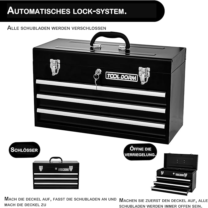 20.3¡° Metal Tool Box with Drawers Portable Steel Tool Box with Protective Liner and Latch Closure and Lock for Garage, Home and Warehouse (Black-3 Drawers)