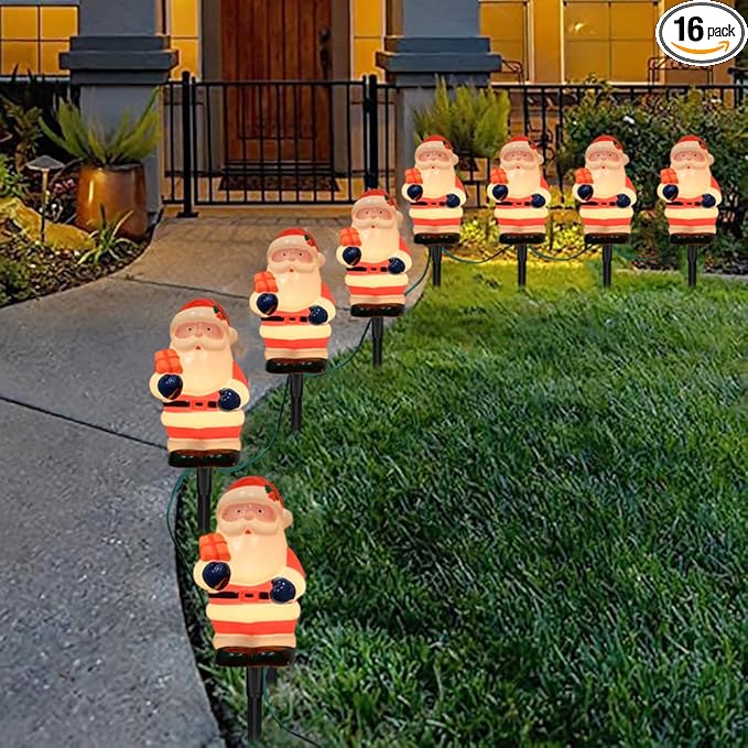 GOOTHY 2 Sets Santa Christmas Pathway Lights, 7Ft C7 Outdoor Christmas String Lights with 8 Santa Claus Marker Stakes Light, Connectable Xmas Decorations Light for Patio Yard Driveway Garden Walkway