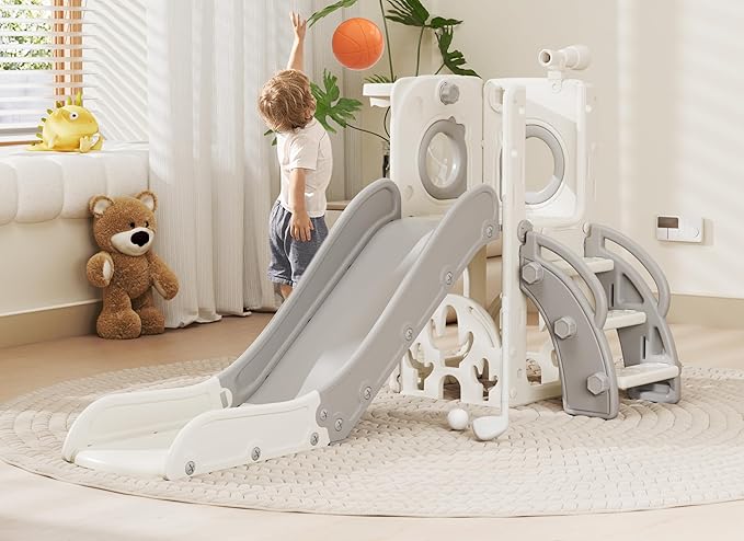 KORIMEFA 7 in 1 Toddler Slide, Kids Slide for Toddlers Baby 1-3 Years Old, Indoor and Outdoor with Basketball Hoop & Golf Set, Plastic Slides for Kids Easy Assembly, Grey