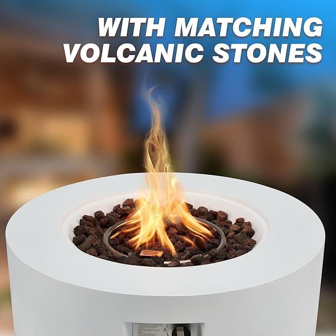 ECOTOUGE 2-Piece Gas Fire Pit, Outdoor Propane Fire Pit Table Set w/Tank Cover, 30''Auto-Ignition Round Steel Fire Table, 50,000 BTU Concrete Fire Pit w/Weather-Resistant Pit Cover, Lava Rocks, White