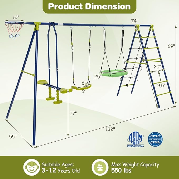 Costzon Swing Sets for Backyard, 6 in 1 Heavy-Duty Metal Swing Set with 2 Swings, Glider, Basketball Hoop, Climbing Ladder and Net, Playground Sets for Backyards, Outdoor Playset for Kids 3+ (Green)