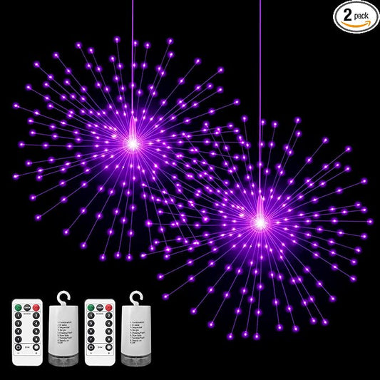 2 Pack Starburst Sphere Lights,200 LLED Firework Lights, 8 Modes Dimmable Remote Control Waterproof Hanging Fairy Light, Copper Wire Light for Patio Parties Christmas (Purple)