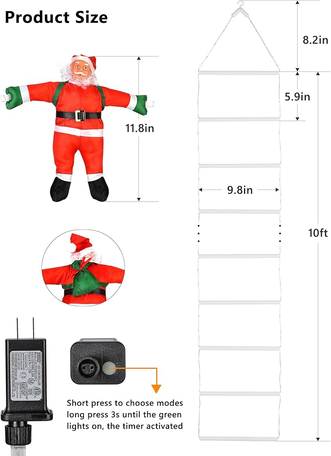 Toodour LED Christmas Lights - 10ft Christmas Decorative Ladder Lights with Santa Claus, Xmas Decorations Light for Indoor Outdoor, Window, Garden, Home, Wall, Xmas Tree Decor - Warm White