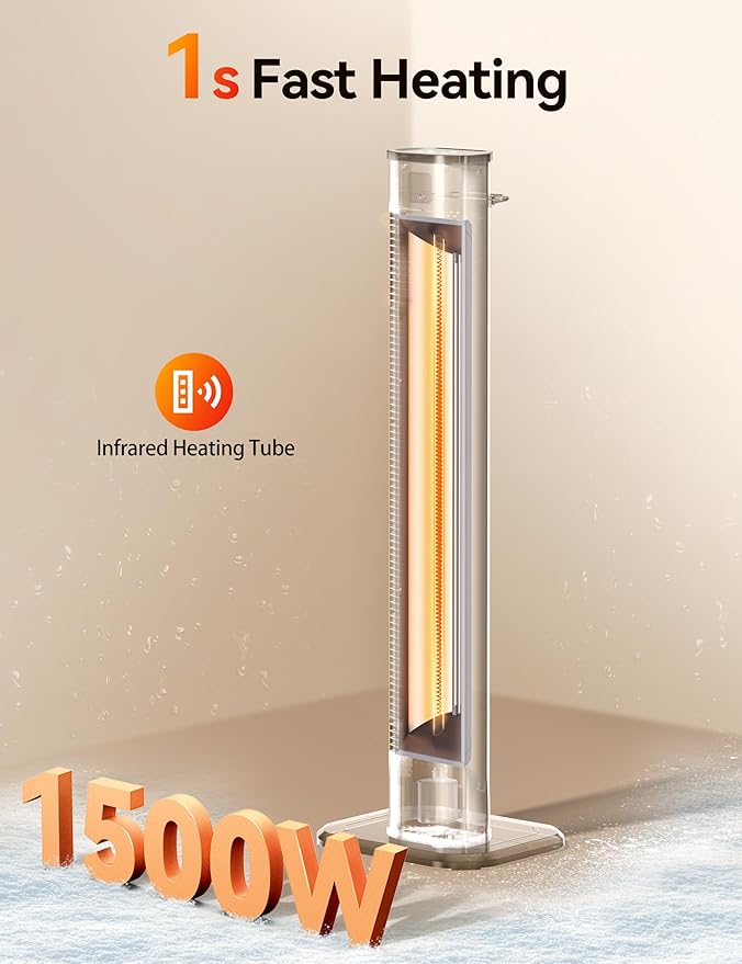 VAGKRI 42 1500W Electric Outdoor Infrared Heater with Remote, 9 Heat Levels, 24H Timer, 1S Fast Heating, IPX5 Waterproof Tower Space Heater for Home, Office, Patio, Garage