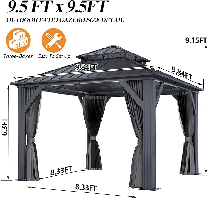 GARTOO 9.5x9.5FT Outdoor Hardtop Gazebo with Double Roof - Aluminum Heavy-Duty Steel Top Gazebo with Breathable Netting & Privacy Curtain for Patio, Porch, Garden, Lawn, Deck, Backyard