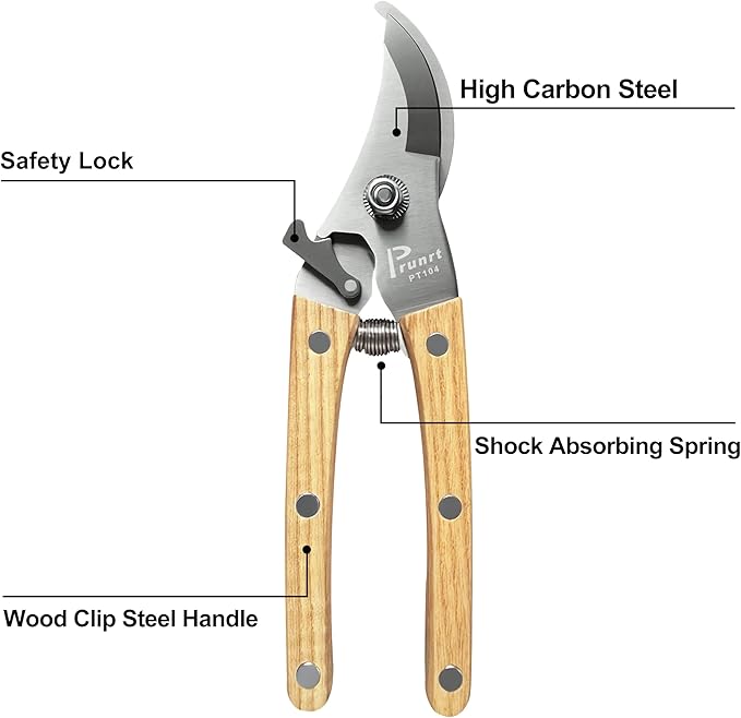 Pruning Shears for Gardening - 7.5 Hand Pruners with High Carbon Steel Blade, 5/8 Cutting Capacity, Ergonomic Wood-Inlaid Steel Handles, Safety Lock & a Spring Included - Garden Clippers