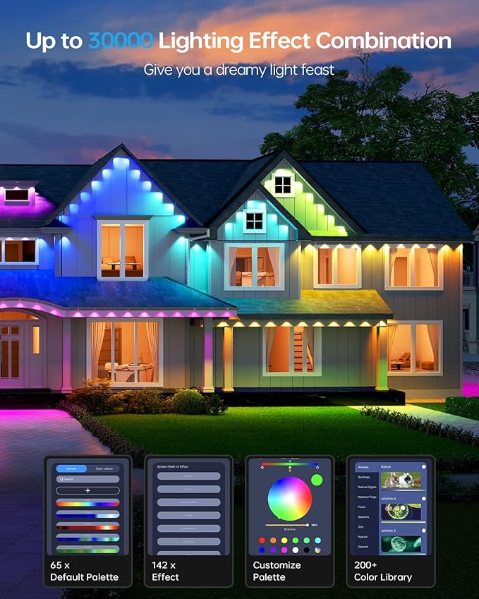 ASAHOM Permanent Outdoor Light Pro S108B, 100FT with 72 RGBCW 70lm LED, WLED Integration, AI Lighting, 30000 Lighting Effect Combination, IP67 Waterproof for Halloween Christmas and Daily Decor, White