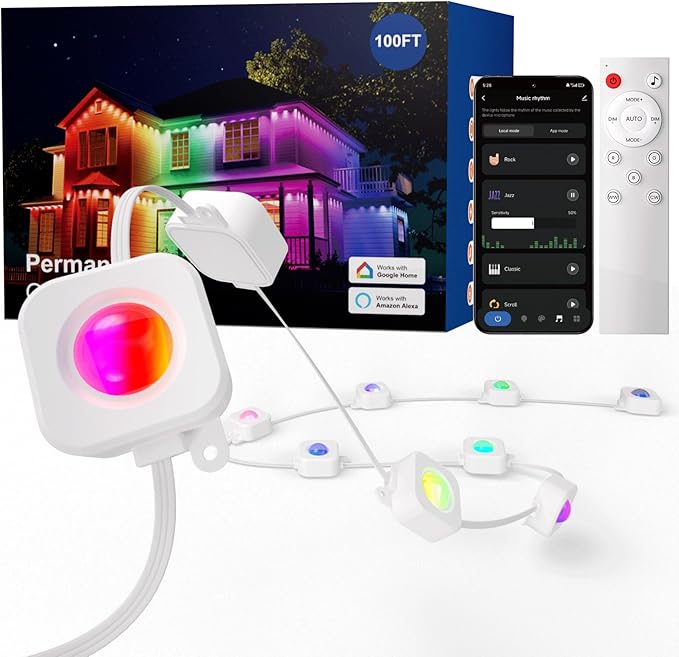 HUTAKUZE Permanent Outdoor Lights, 100ft RGB Outdoor Christmas Lights with 60 LED Light, IP67 Waterproof LED Eaves Light, DIY Scene Modes for Halloween Decor, Smart APP & Remote Control