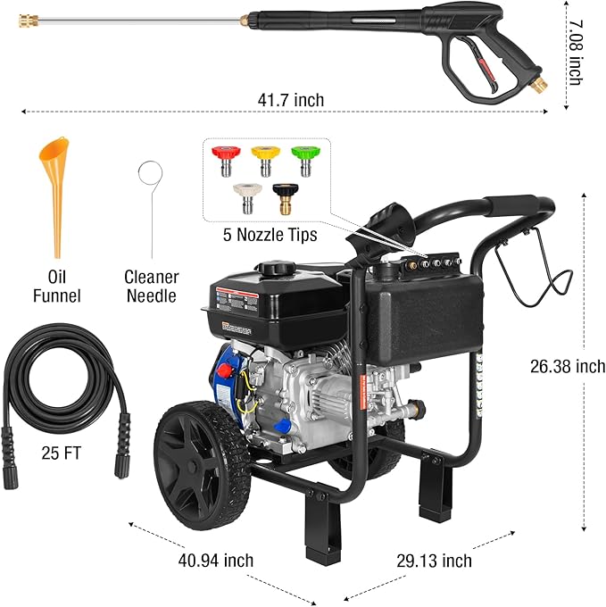 BILT HARD 3500 PSI 2.5 GPM Gas Pressure Washer, 224cc 4-Cycle Engine, Heavy Duty Gas Power Pressure Washer with Spray Gun and Wand, 5 Quick Connect Nozzle Tips, 3/5¡¿25' Hose, 49-State