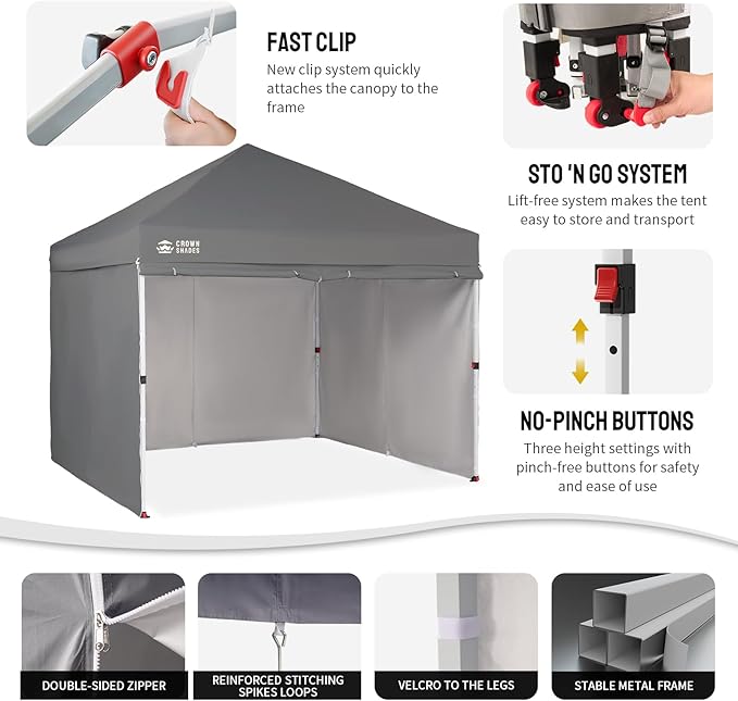 CROWN SHADES 10X10 Comercial Instant Canopy Pop Up Tent with Center Lock (10x10 with 4 Sidewalls, Grey)