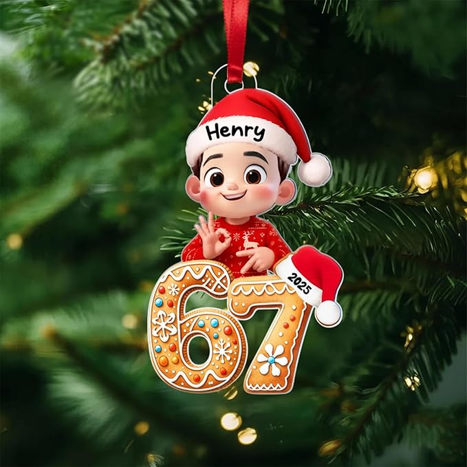 Paraeva Custom 67 Ornament 2025, Custom Name Funny Gen Z Meme Decoration, Viral Six Seven Christmas Ornament with Santa Hat, Acrylic Ornaments for Teens, Gifts for Christmas 4