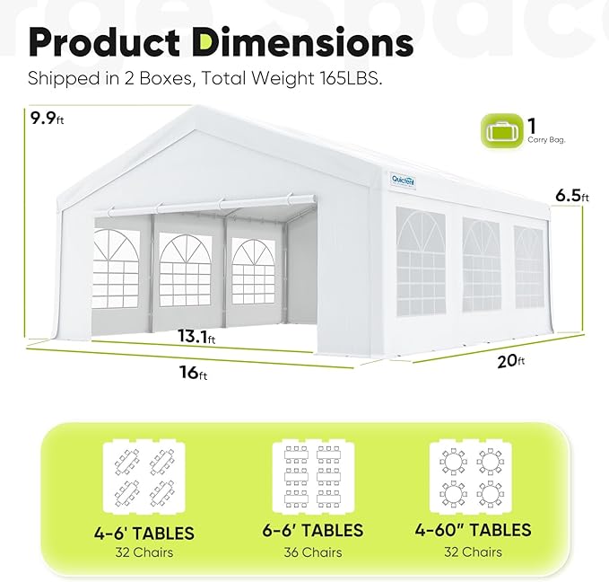 Quictent 16x20 Party Tent Heavy Duty Outdoor Canopy Tent Carport Wedding Event Shelter BBQ Wedding Tents for Parties with Storage Bags(Church)