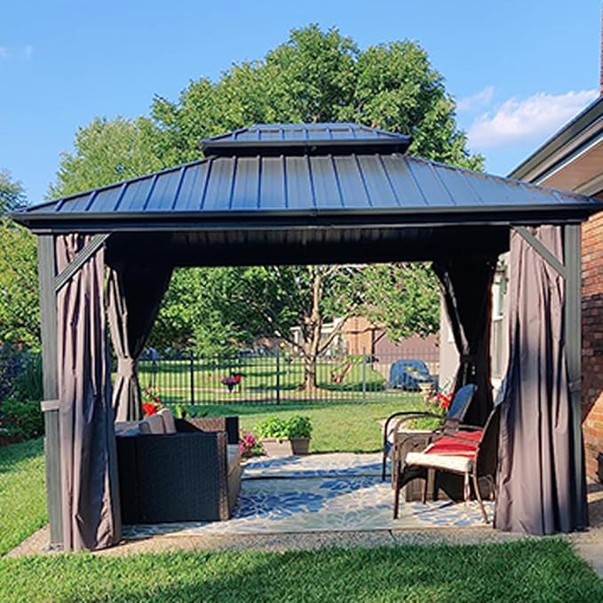 Domi Hardtop Gazebos 10x10FT, Aluminum Metal Gazebo with Galvanized Steel Double Roof Canopy, Curtain and Netting, Permanent Gazebo Pavilion for Patio, Backyard, Deck and Lawn, Grey
