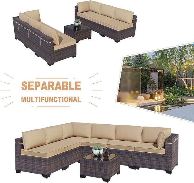 Kullavik 7 Pieces Outdoor Patio Furniture Set,Wicker Outdoor Sectional Sofa,All-Weather Patio Conversation Sets with Washable Thick Cushions & Coffee Table for Garden,Backyard,Balcony,Porch,Sand