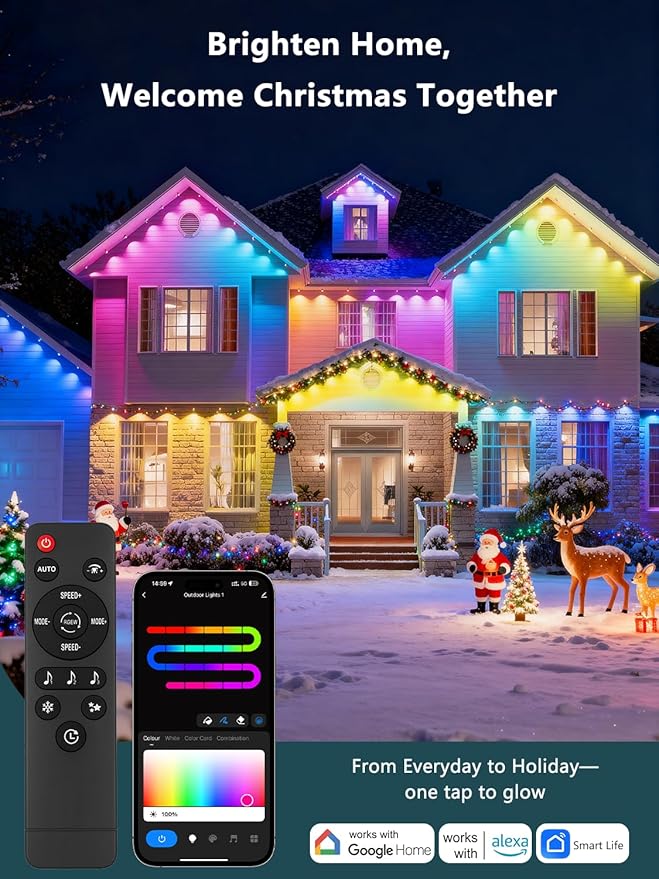 50FT Permanent Outdoor Lights Pro, RGBIC Smart Eave Lights IP67 Waterproof, 120 Scene Modes with 596lm RGB for Outdoor Decorations, Christmas, Smart App/Remote, Works with Alexa, Google Enabled, White