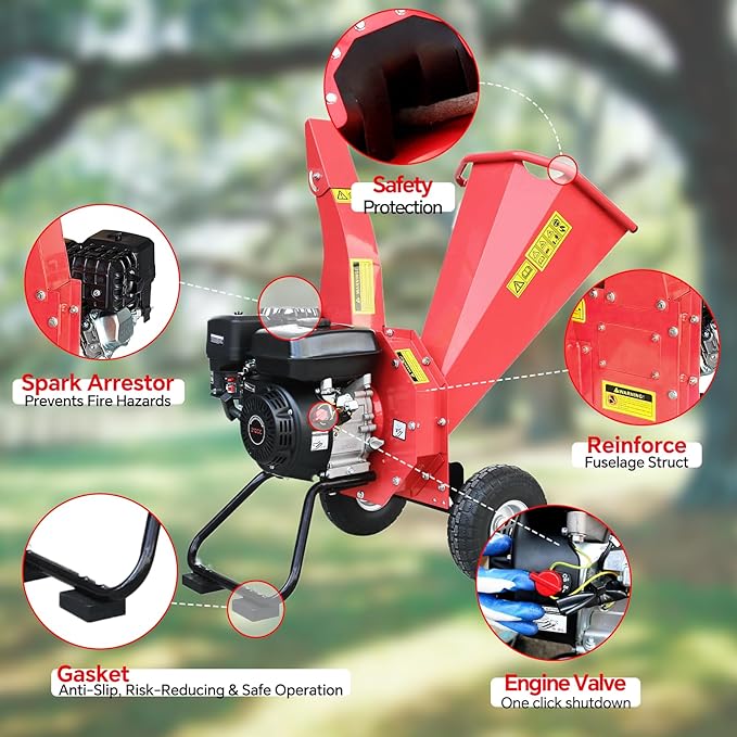 Wood Chipper Shredder Mulcher, 7 HP 212cc Gas-Powered Heavy Duty Engine, 3-Blade Disc Cutter, 10 Large Wheels for Easy Mobility, for Garden, Orchard, Courtyard, Farm