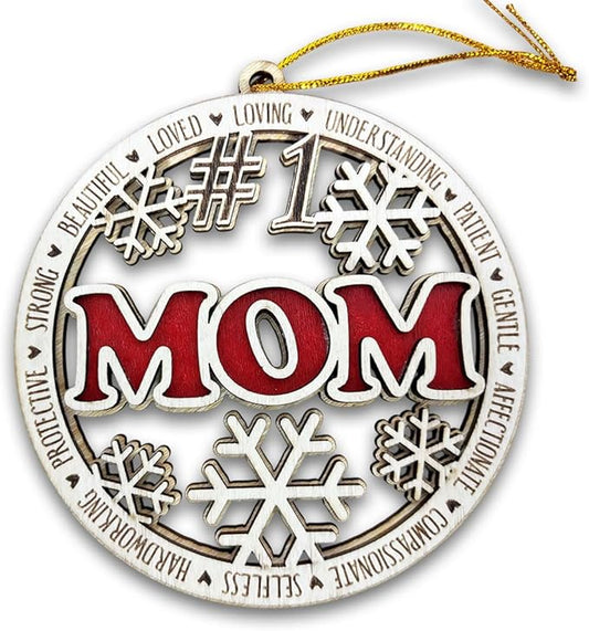 #1 Mom Christmas Ornament – Wooden Christmas Tree Hanging Decoration – Best Mom Gift, Rustic Holiday Ornament, Stocking Stuffer for Mother, Family Keepsake