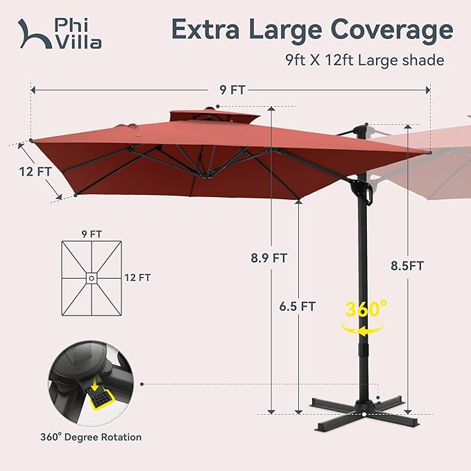 PHI VILLA 9' X 12' Cantilever Patio Umbrella with Base, Outdoor Large Rectangular Umbrellas with 360°Rotation, Heavy Duty Hydraulic Double Umbrella Windproof for Outside, Red